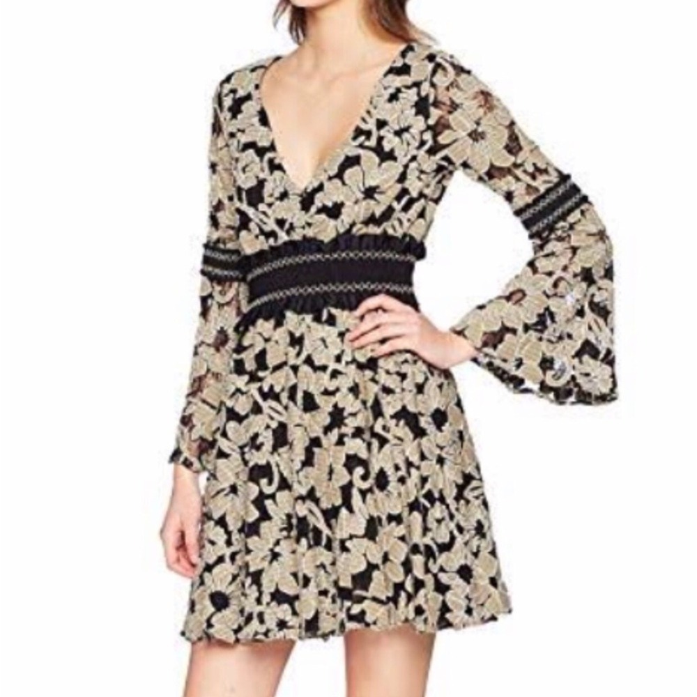 ZAC x ZAC Posen Mika Floral Lace Mini Dress 4 Black Green Bell Sleeve Boho Party